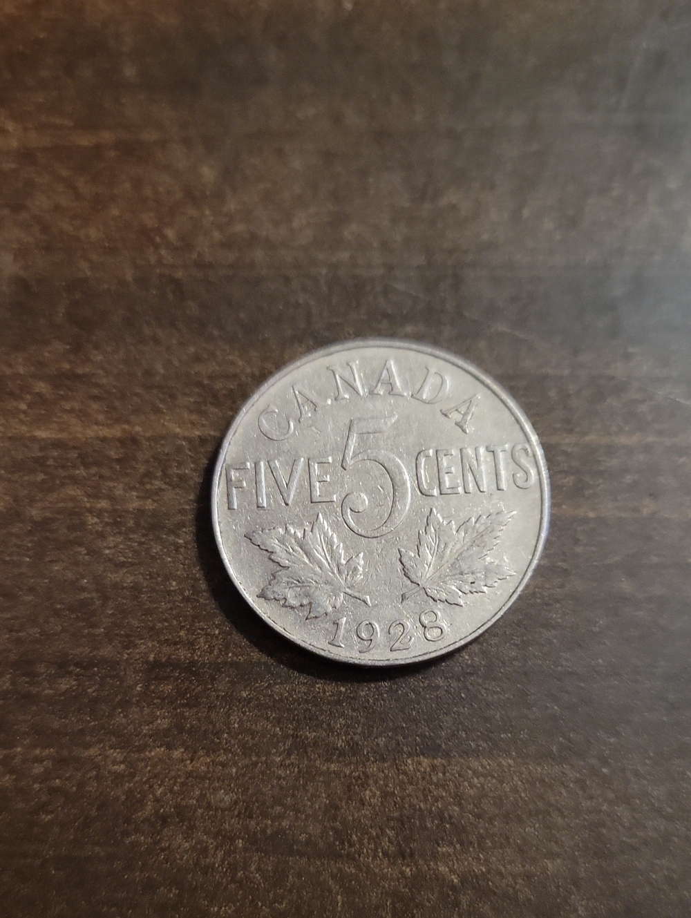 Vintage 1928 Canadian Five Cents Coin - Silver Tone